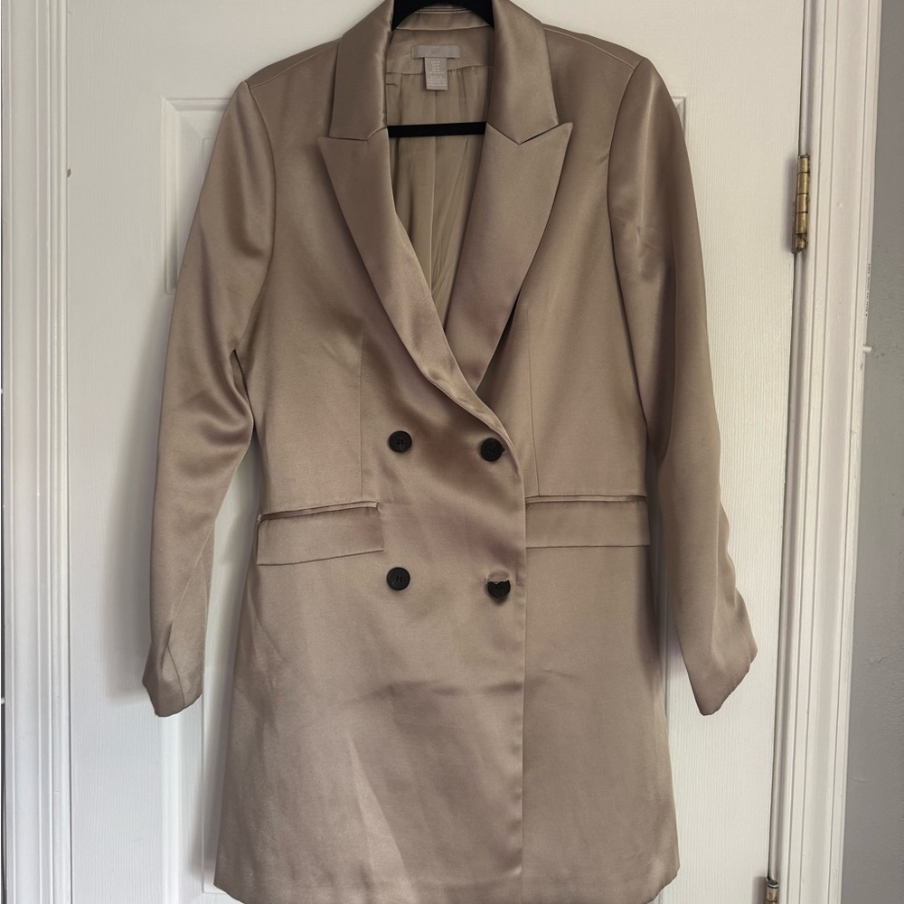 H&M Premium Women’s Double-Breasted Taupe Satin Blazer Dress